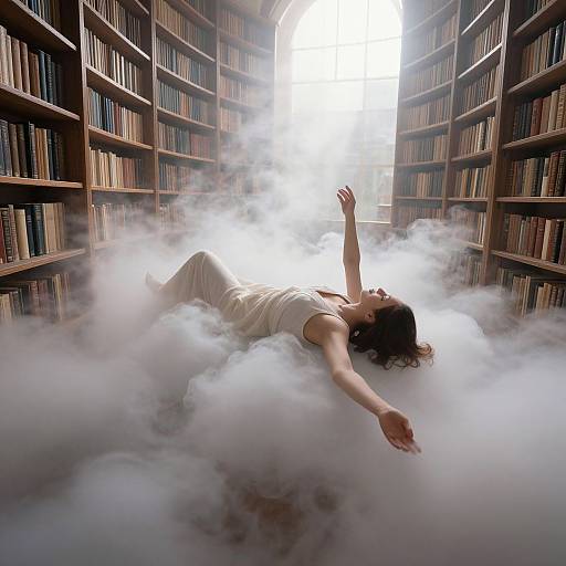 Photograph of a woman with dark hair, white tank top, and beige pants, lying on her back in a library, surrounded by swirling white smoke