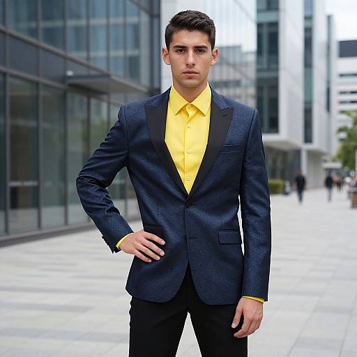 Photograph of a young, handsome man with short dark hair, wearing a yellow shirt and dark blue textured blazer, standing confidently in a modern urban