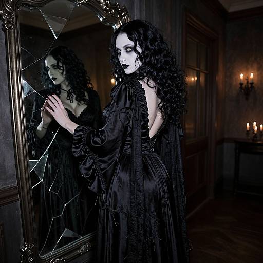 Gothic-style photograph of a pale woman with long curly black hair, wearing a black, ruffled dress, standing in front of a broken mirror