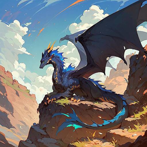 Black Dragon Relaxing in Desert Landscape