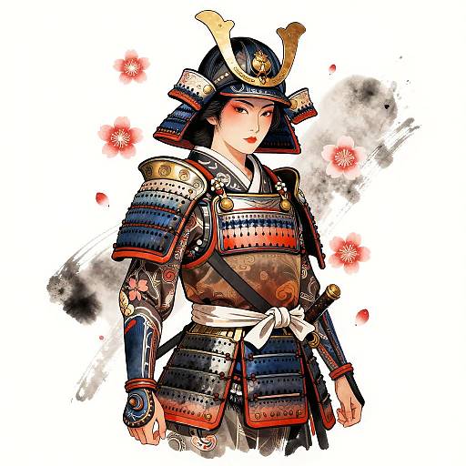Digital illustration of a fierce Japanese samurai woman in detailed armor, with dark hair, red eyes, and a white sash, surrounded by red and