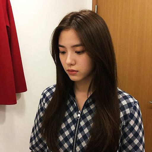 Young Woman with Long Brown Hair in Blue Checkered Jacket