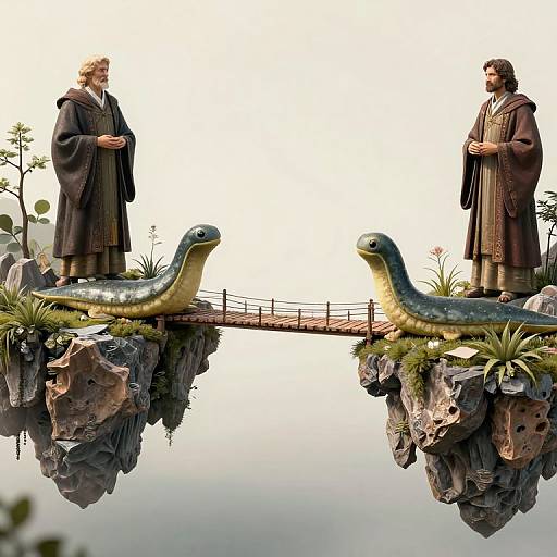 Photorealistic digital artwork: Two monks in brown robes stand on rocky islands, facing each other over a bridge with two large, green-scaled l