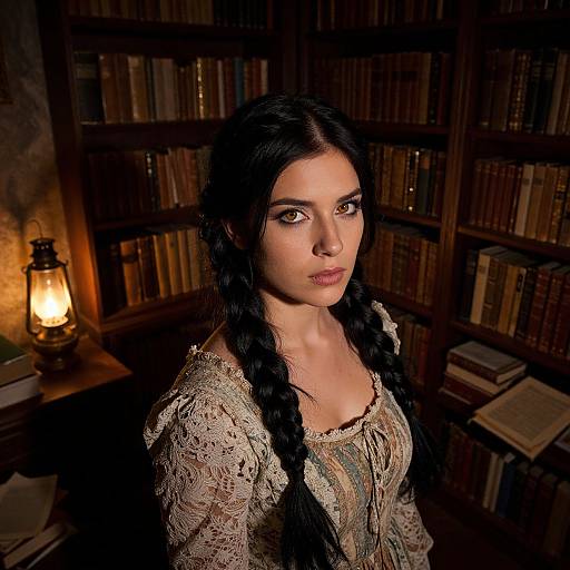 Photograph of a young woman with long black braids, wearing a lace, beige dress, standing in a dimly lit, wooden bookshelf-filled