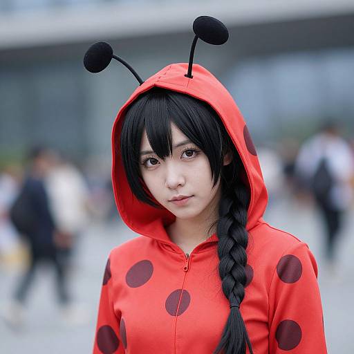 Photograph of an East Asian woman with black hair in a braid, wearing a red hooded onesie with black polka dots and black antenn