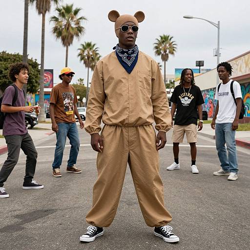 Photograph of a tall Black man in a tan jumpsuit, bear ears hat, and sunglasses, standing confidently on a sunny street with palm trees and