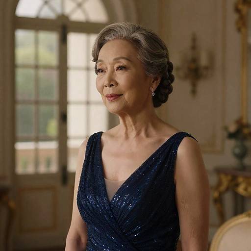 Elegant Older Woman in Sapphire Evening Gown