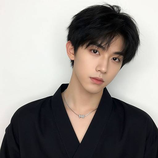 Photorealistic portrait of an Asian young man with black, slightly messy hair, wearing a black V-neck shirt and silver necklace, against a white background