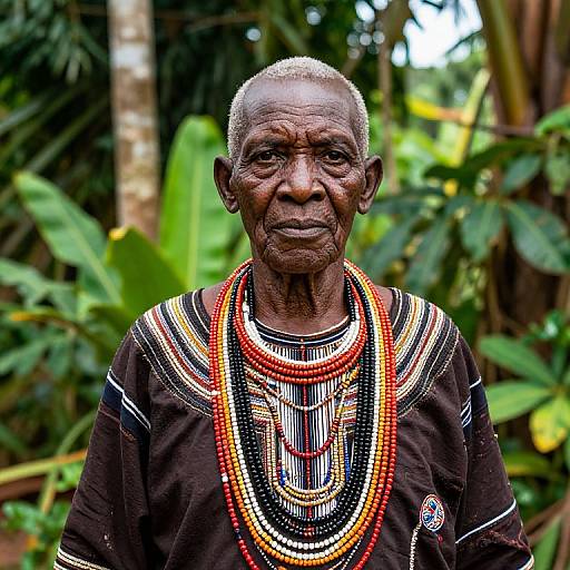 Photograph of an elderly African man with dark skin, short white hair, wearing multiple colorful beaded necklaces and a black patterned shirt, standing