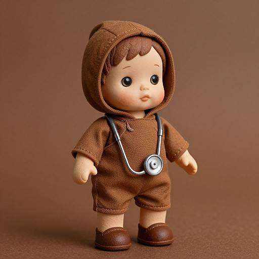 Photograph of a brown-clothed doll with a hood, stethoscope around neck, brown shoes, and brown background, standing upright.