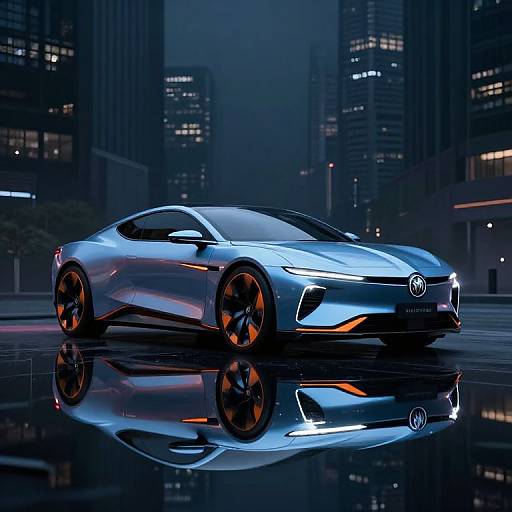 Photorealistic CGI of a futuristic, silver Toyota concept car with glowing blue accents, orange wheels, and a reflective urban night cityscape background.