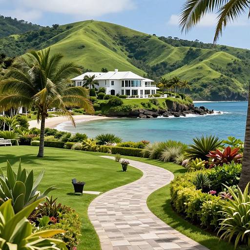 Photograph of a white, two-story beach house on a lush green hillside, overlooking a blue ocean, with a winding stone path, palm trees