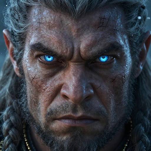Close-up CGI of a rugged, gray-bearded man with glowing blue eyes, long braided hair, and cracked skin, exuding intense determination.