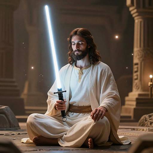 Jesus Meditating with White Lightsaber