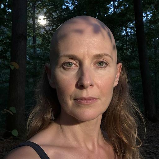 Photograph of a bald, fair-skinned woman with green eyes, light brown hair, wearing a black strap top, standing in a dark forest with