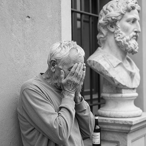 Elderly Man's Sorrow in Black and White