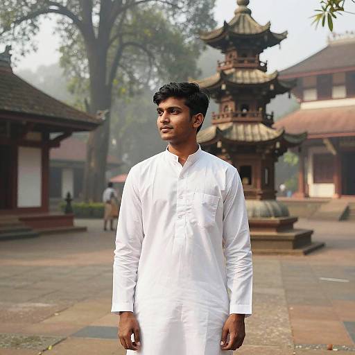 Photograph of a young South Asian man in a white traditional kurta, standing in a misty temple courtyard with an ornate multi-tiered pav