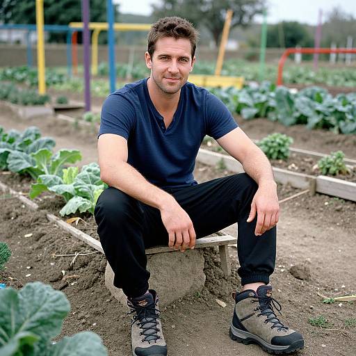 Photograph of a smiling, short-haired man in a navy V-neck shirt and black pants, sitting on a concrete block in a colorful community garden with