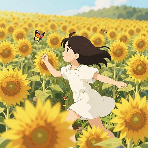 Anime Girl Chasing Butterflies in Sunflowers