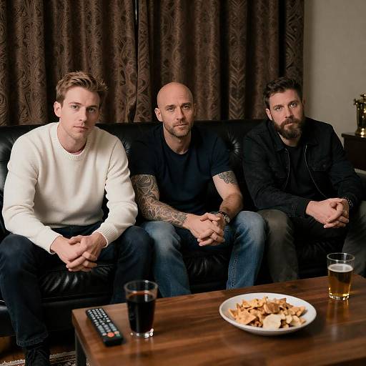 Three Men on Black Leather Couch