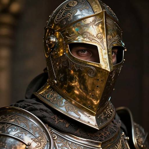 Photorealistic portrait of a medieval knight in ornate, gold-embellished armor, with a detailed, reflective helmet partially covering his intense,