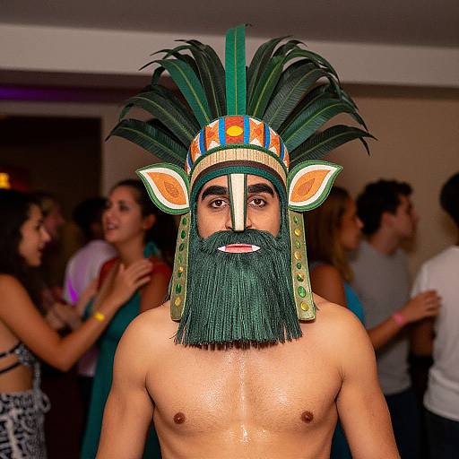 Photograph of a shirtless man with a detailed, colorful Native American-style headdress and long green beard, standing in a dimly lit party room
