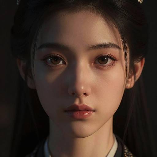 Close-up photograph of an Asian woman with fair skin, dark hair, and large brown eyes, softly lit, dark background, serious expression.