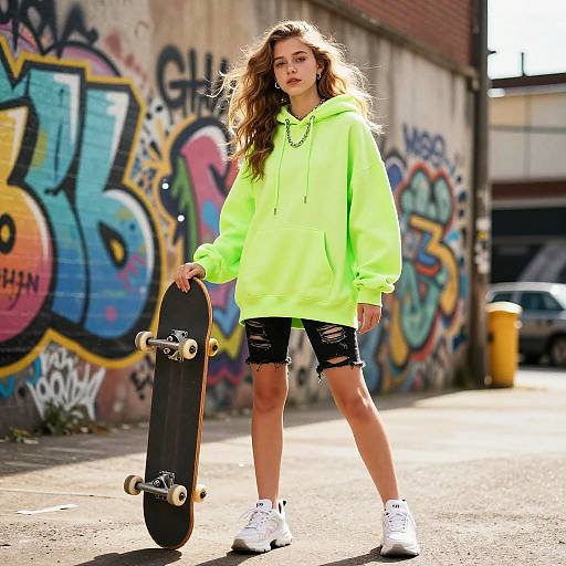 Photograph of a young woman with long brown hair in a neon green hoodie, black ripped shorts, and white sneakers, holding a skateboard in front of