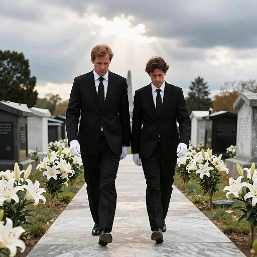 Photograph of two men in black suits, white gloves, and black ties walking down a flower-lined cemetery path under cloudy skies.