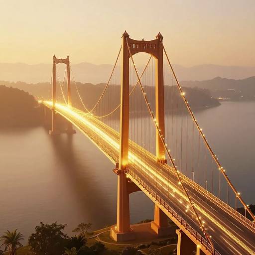 Photograph of the Bay Bridge at sunset, showcasing golden lights along the suspension cables and illuminated roadway, with a misty, hilly landscape in the