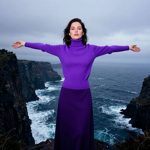 Photograph of a woman with fair skin, black hair, wearing a purple turtleneck and long black skirt, standing with arms outstretched against