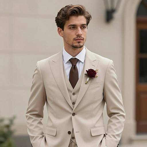 Young Man in Stylish Beige Three-Piece Suit