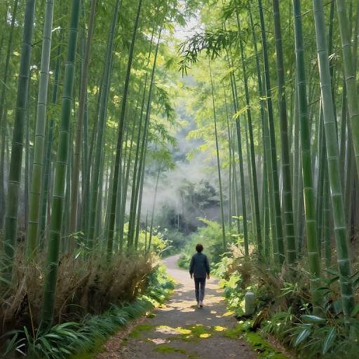 Photograph of a serene bamboo forest with tall, green stalks framing a sunlit path. A lone figure in a dark jacket walks away, surrounded