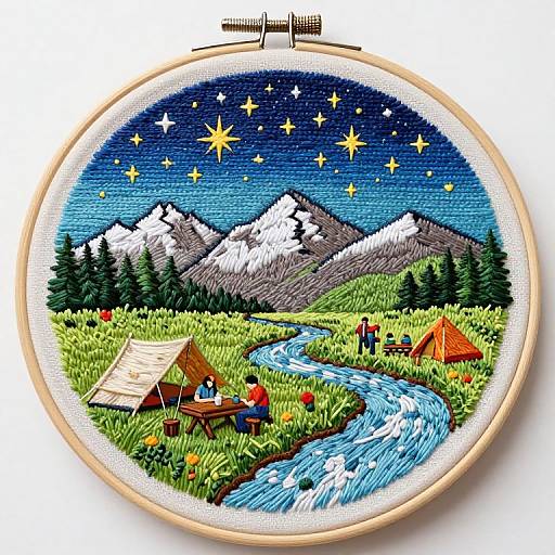Colorful embroidery in hoop: starry night sky over snow-capped mountains, campers by river, tents, green meadow, pine trees,