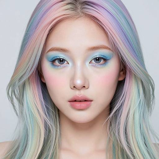 Photorealistic digital portrait of a young woman with long, pastel-hued hair, blue eyeshadow, and soft pink lips, against a