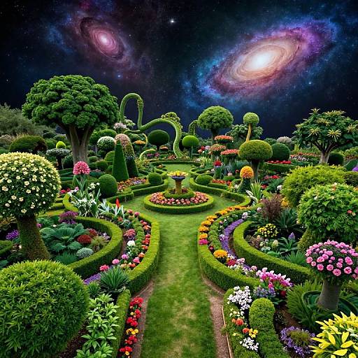 Vibrant digital garden scene with colorful flowers, manicured hedges, topiary trees, and a starry night sky with two glowing galaxies