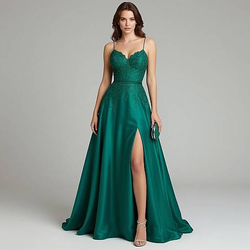 Photograph of a slender woman with fair skin and dark brown hair, wearing a deep emerald green, spaghetti-strapped, floor-length gown with a