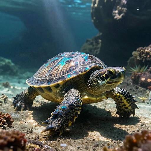 Photograph of a vibrant sea turtle with blue-tinted shell, textured brown and yellow skin, swimming on a sunlit coral reef.