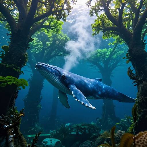 Graceful Blue Whale in Underwater Forest