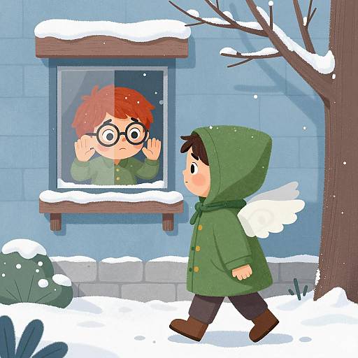 Curious Child Gazing Out in Snow