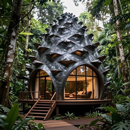 Photograph of a futuristic, black, spiky, dome-shaped treehouse with large circular windows, surrounded by lush, dense tropical forest. Wooden steps