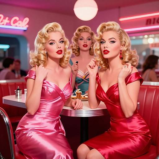Photograph-style digital artwork of two blonde, red-lipped women in shiny pink and red satin dresses, sitting in a 1950s-style diner