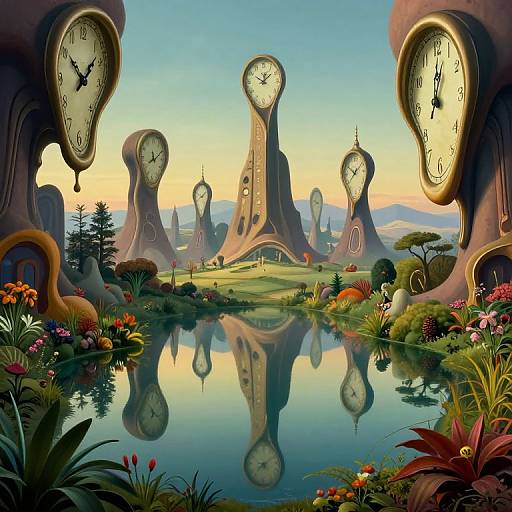 Whimsical digital artwork of surreal landscape with floating clock towers, reflective pond, vibrant flowers, and sunset sky, surrounded by fantastical mountains.