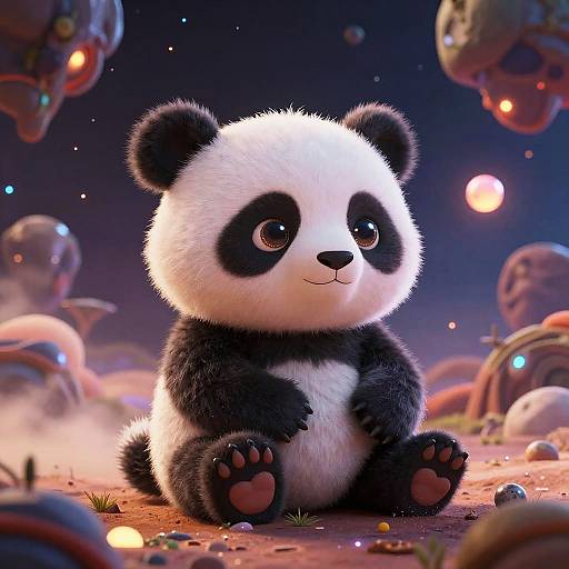 Cute, fluffy panda with large, expressive eyes sits on a colorful, rocky, alien planet with floating, glowing orbs and whimsical landscapes. CGI