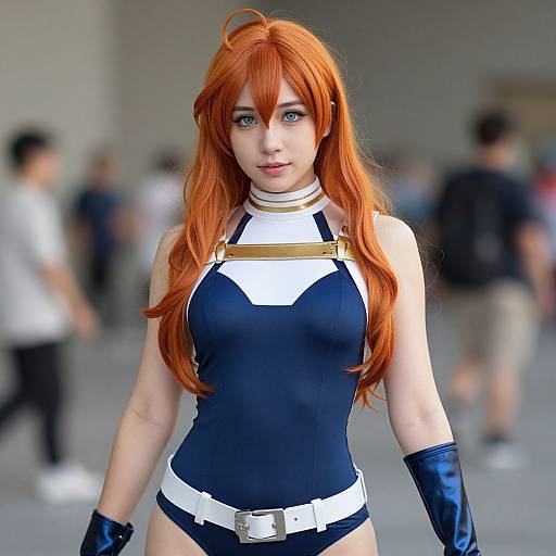 Photograph of a young woman with long red hair, blue eyes, wearing a black and white superhero costume, white belt, and black gloves, standing