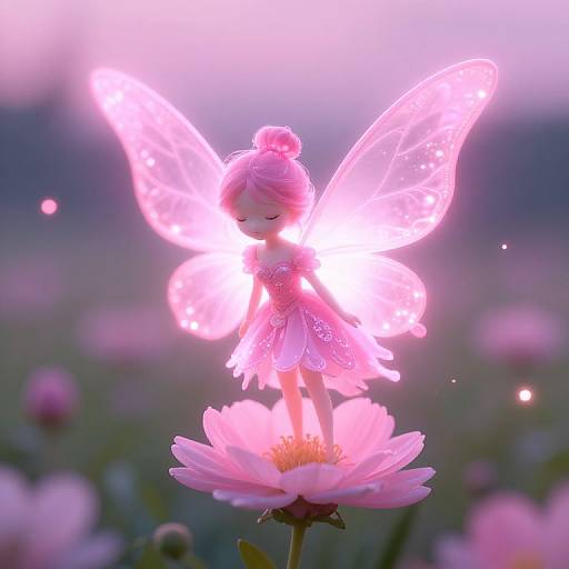 Photograph of a glowing pink fairy figurine with translucent wings, standing on a pink flower, surrounded by blurred pink blossoms.