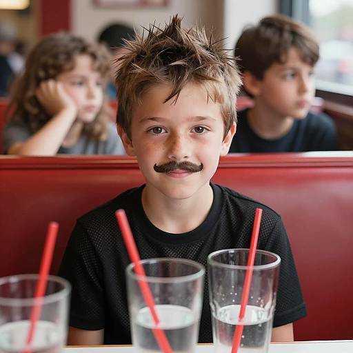 Boy with Fake Mustache in Restaurant Booth