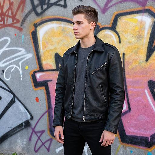 Photograph of a young, fair-skinned man with short brown hair, wearing a black leather jacket and black shirt, standing against a colorful graffiti-covered
