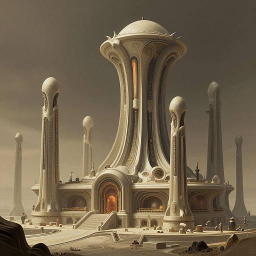 Digital artwork of a futuristic, sci-fi cityscape featuring a central, dome-topped, hyperbolic building with ornate, cylindrical towers and ar