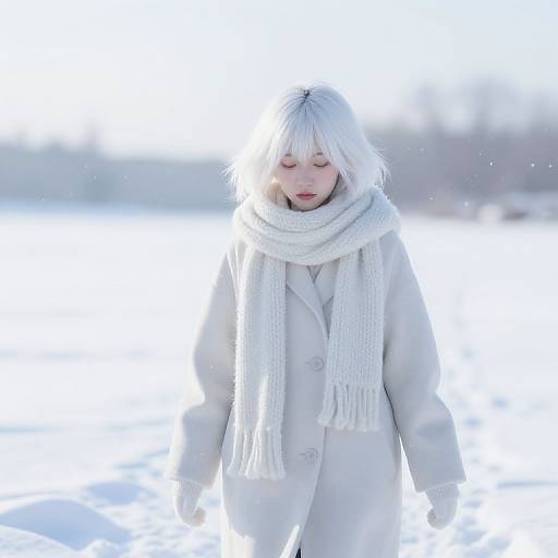 Photograph of a young woman with white hair, closed eyes, and pale skin, wearing a white coat and scarf, standing in a snowy landscape.